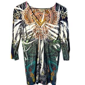 ONEWORLD Bohemian Brown Green Orange Tunic Top Women’s S V-Neck Studded.